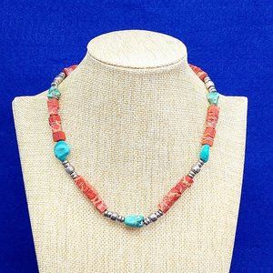 Necklace Turquoise Gemstone Metal Charms Square Block Beads Fashion Jewelry 16"